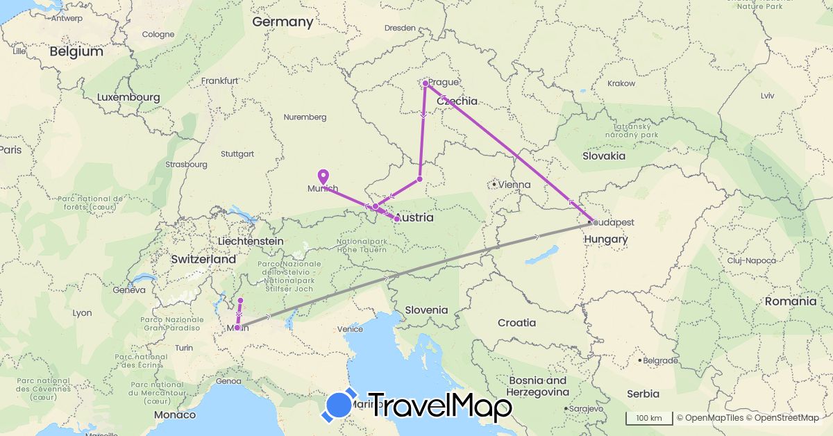 TravelMap itinerary: driving, plane, train in Austria, Czech Republic, Germany, Hungary, Italy (Europe)