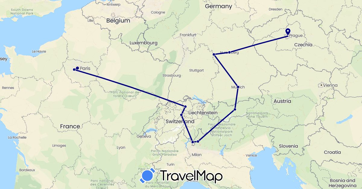 TravelMap itinerary: driving in Austria, Switzerland, Czech Republic, Germany, France, Italy (Europe)