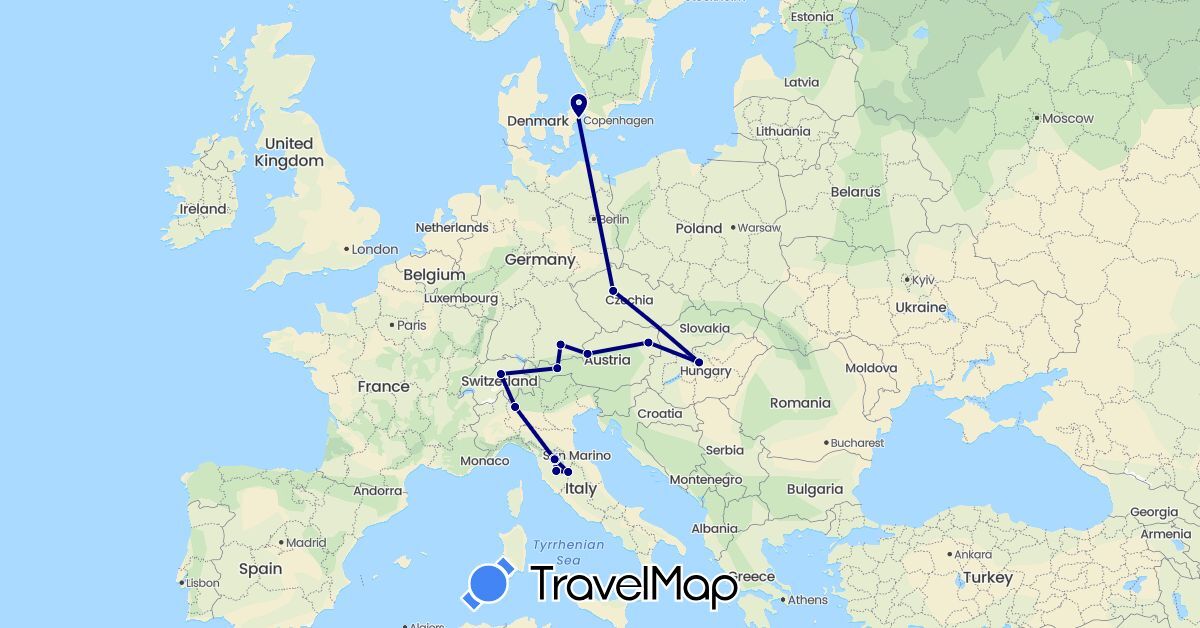 TravelMap itinerary: driving in Austria, Switzerland, Czech Republic, Germany, Denmark, Hungary, Italy (Europe)